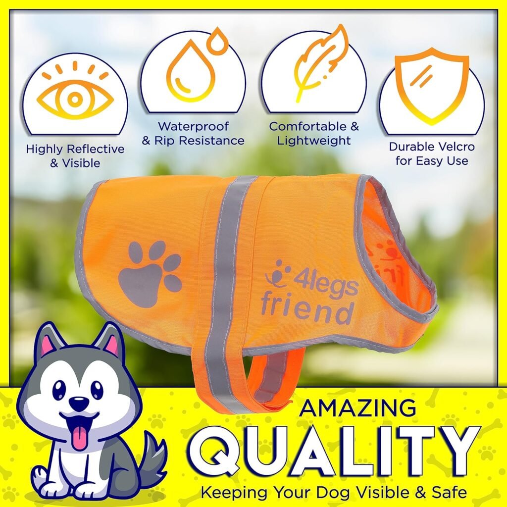 Upgraded Reflective Dog Vest. Hi-Visibility, Fluorescent Blaze Orange Dog Vest Helps Protect Your Best Friend. Safeguard Your PUP from Motorists  Hunting Accidents, On or Off Leash by 4LegsFriend