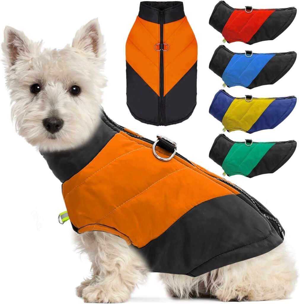 Dog Fall Winter Jacket with Rings Puppy Waterproof Vest Coats with Zipper Dog Warm PP Cotton Windproof Outdoor Jackets for Small Dogs Easy to Wear Pet Cold Weather Color Stitching Coat Orange S