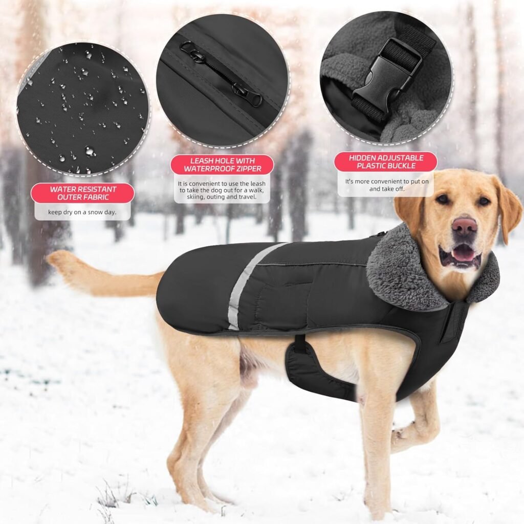 Doglay Dog Winter Coat with Thicken Furry Collar, Fleece Lining Reflective Warm Dog Jacket, Waterproof Adjustable Dog Clothes for Cold Weather, Soft Puppy Vest Apparel for Small Medium Large Dogs