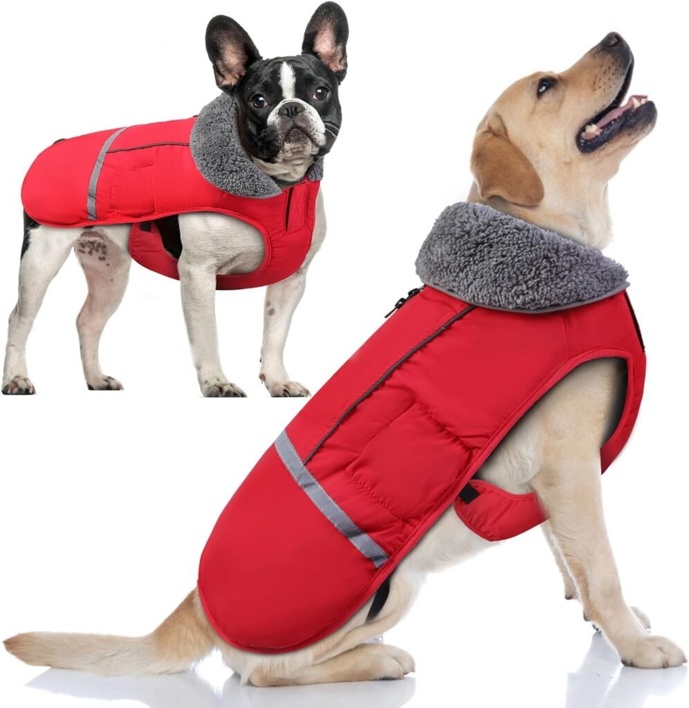 Doglay Dog Winter Coat with Thicken Furry Collar, Fleece Lining Reflective Warm Dog Jacket, Waterproof Adjustable Dog Clothes for Cold Weather, Soft Puppy Vest Apparel for Small Medium Large Dogs