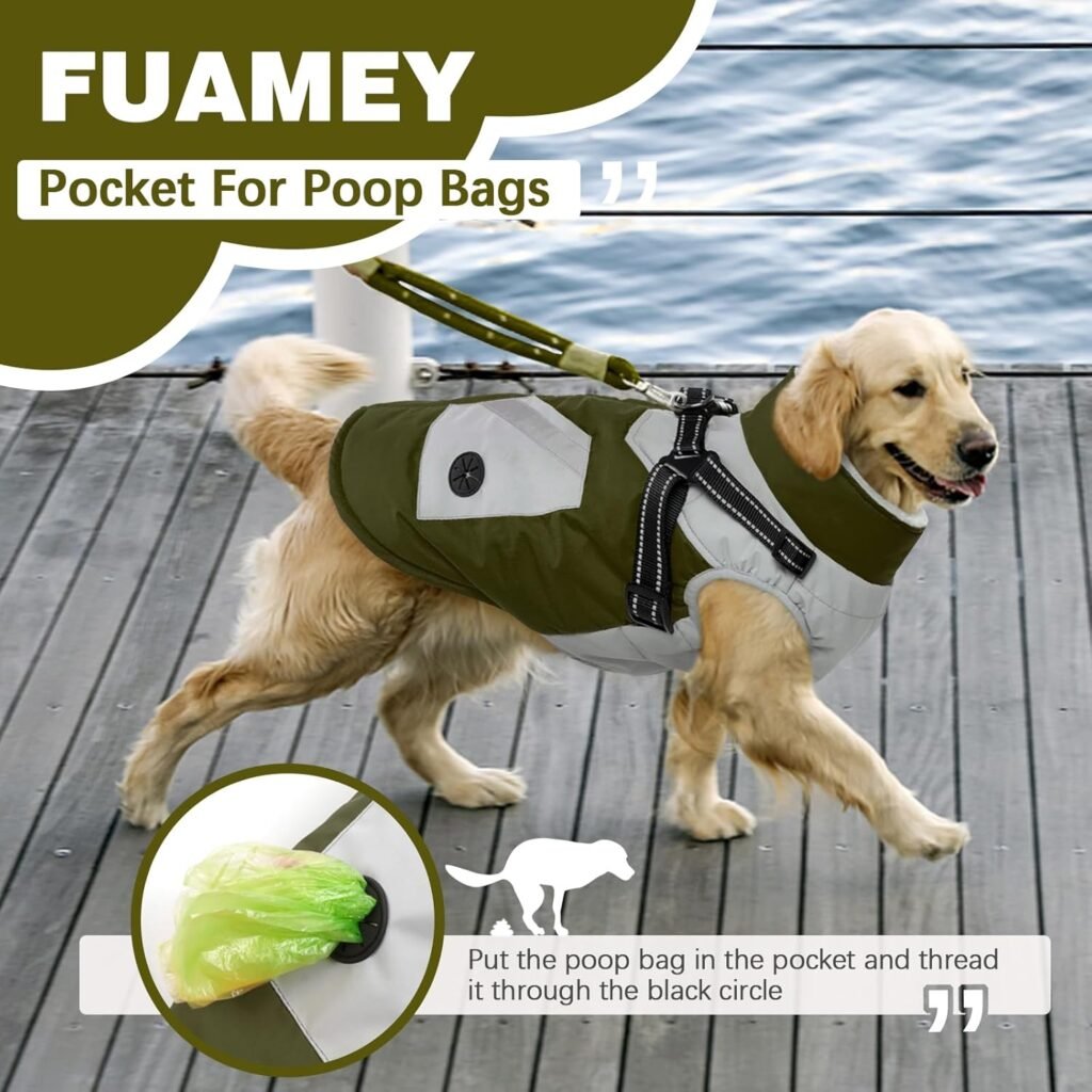 FUAMEY Dog Jackets-Dog Coat with Harness Built in-Waterproof Dog Jacket-Dog Winter Coat with Zipper On Back-Snowsuit Pet Clothes Poop Bag Pockets-Reflective Dog Vest for Extra Small Dogs Orange XS