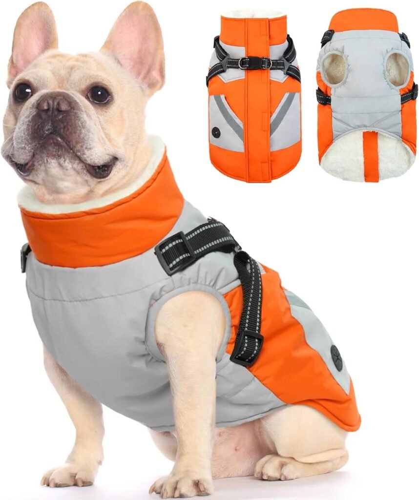 FUAMEY Dog Jackets-Dog Coat with Harness Built in-Waterproof Dog Jacket-Dog Winter Coat with Zipper On Back-Snowsuit Pet Clothes Poop Bag Pockets-Reflective Dog Vest for Extra Small Dogs Orange XS