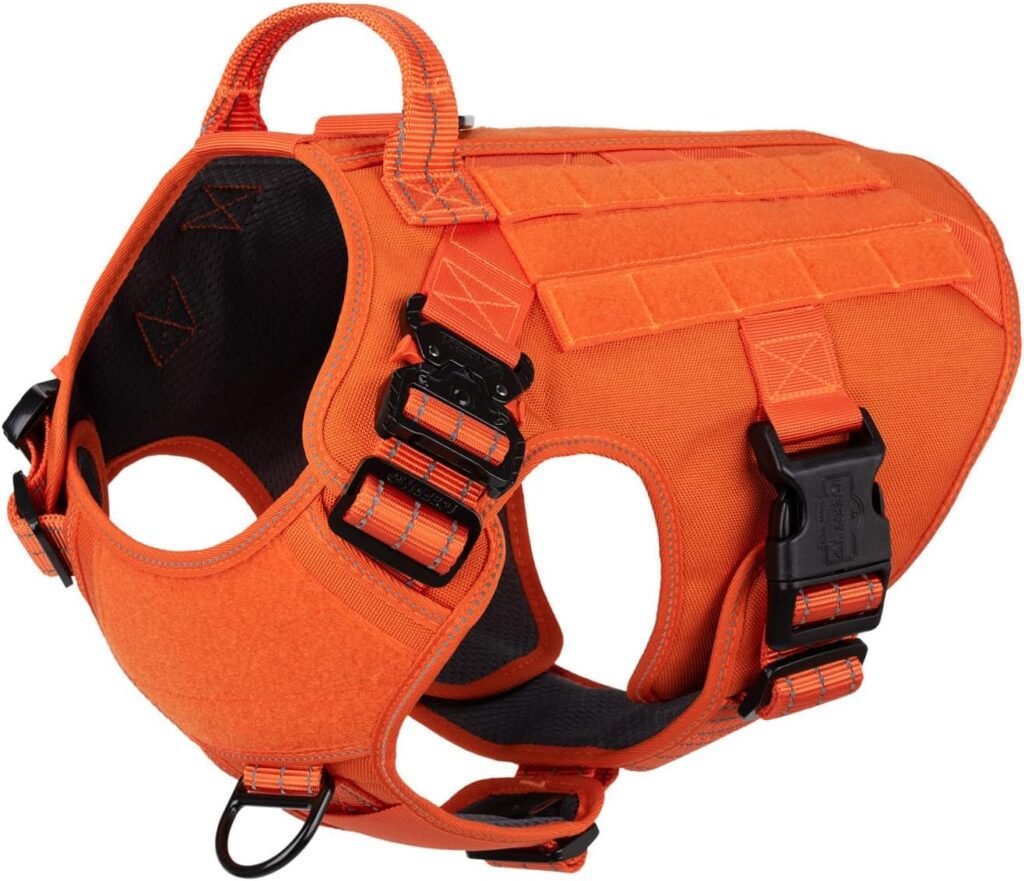 ICEFANG GN1 Reflective Tactical Dog Harness Large Sized, MOLLE K9 Dog Vest with 2X Metal Buckles,Adjustable Pet Harness, No Pulling Front Leash Clip (Large (Pack of 1), Orange)