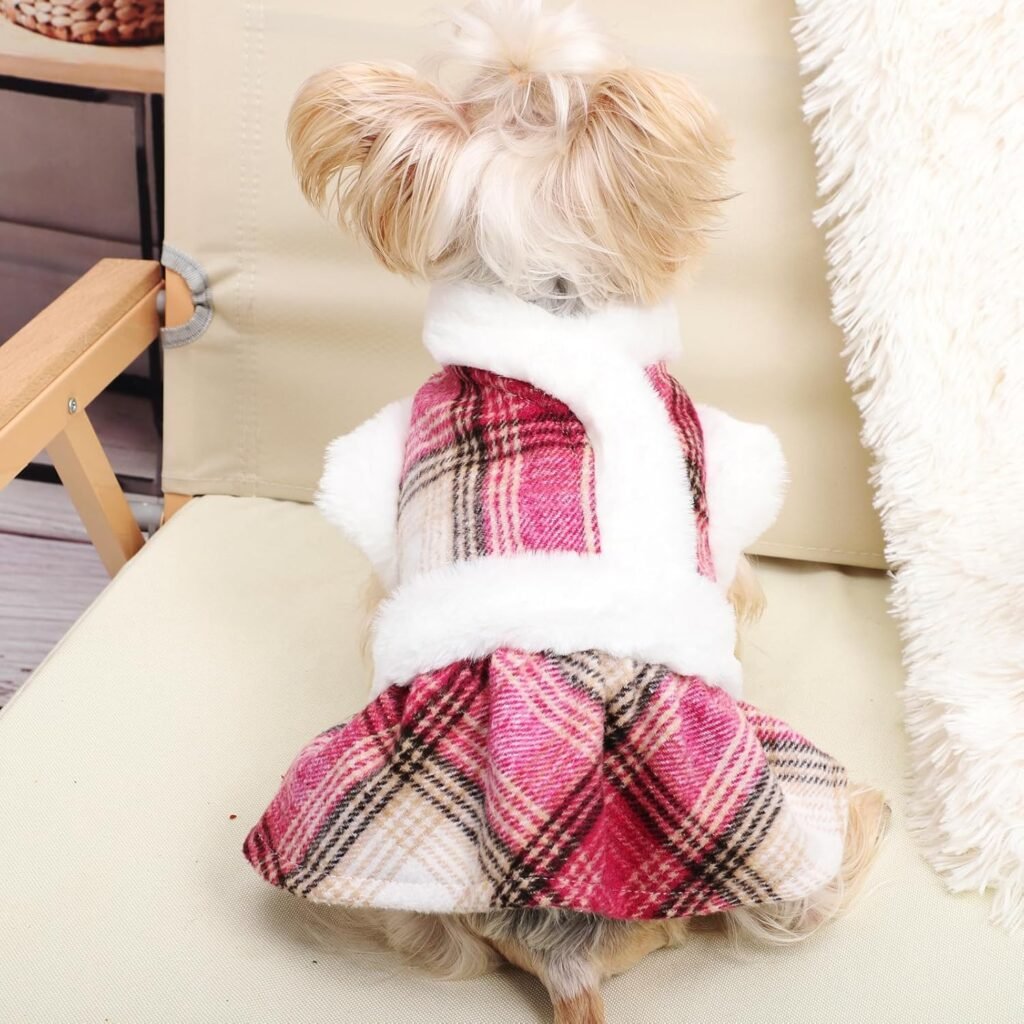 Dog Sweaters for Small Dogs Girl Dog Dress Sweater Winter Puppy Clothes Cold Weather Dog Coat Fleece Warm Pet Outfit Skirt for Chihuahua Yorkie Teacup Plaid Cat Apparel (Medium, Rose Red)