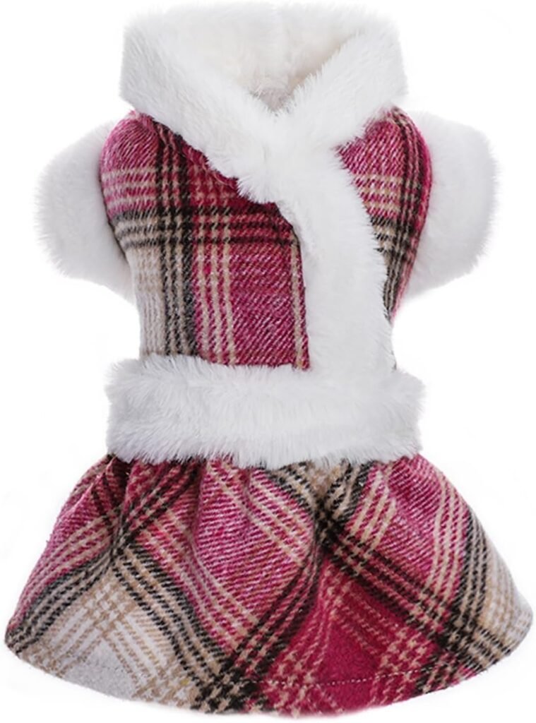 Dog Sweaters for Small Dogs Girl Dog Dress Sweater Winter Puppy Clothes Cold Weather Dog Coat Fleece Warm Pet Outfit Skirt for Chihuahua Yorkie Teacup Plaid Cat Apparel (Medium, Rose Red)