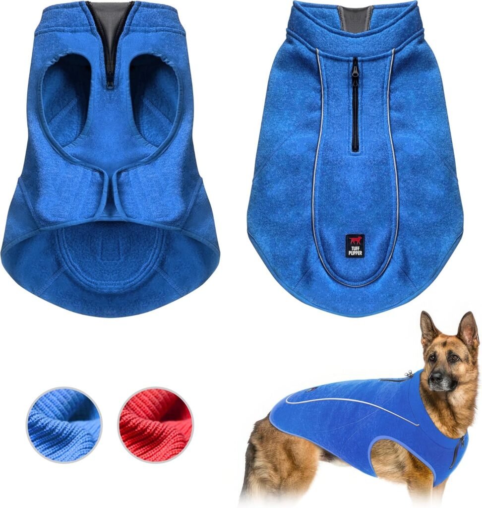 Insulated Fleece Sweater for Dogs | Lightweight Warm Dog Vest | Zipper Port for Harness | Cold Weather Winter Jacket | Rain Snow Repellant Coat | Adjustable for Small Medium Large Male Dogs (Blue/XL)